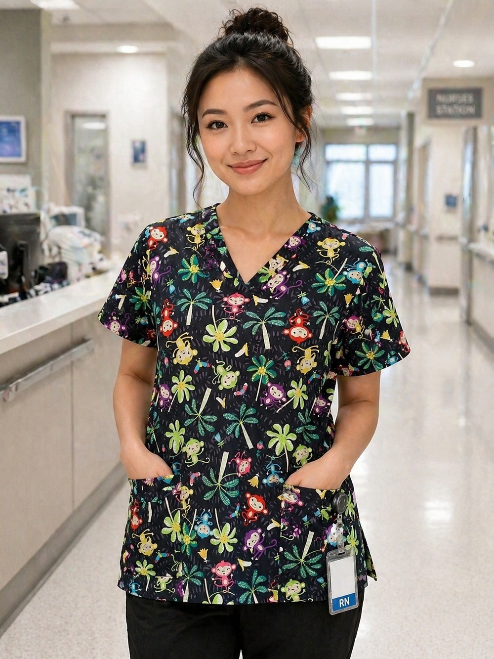 Zoe+Chloe Scrub Top M Monkey Palm Tree Print V-Neck Nurse Medical Cute